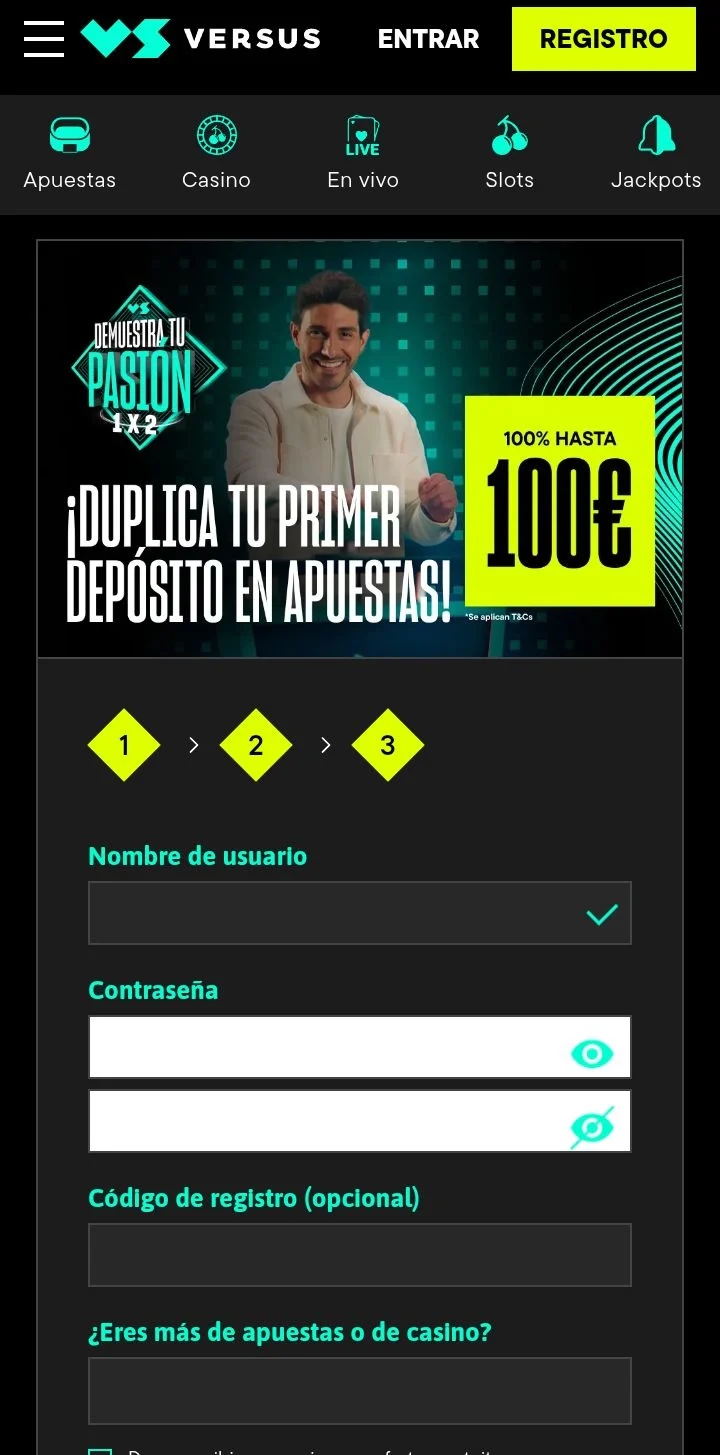 Interfaz de apuestas deportivas en versus casino