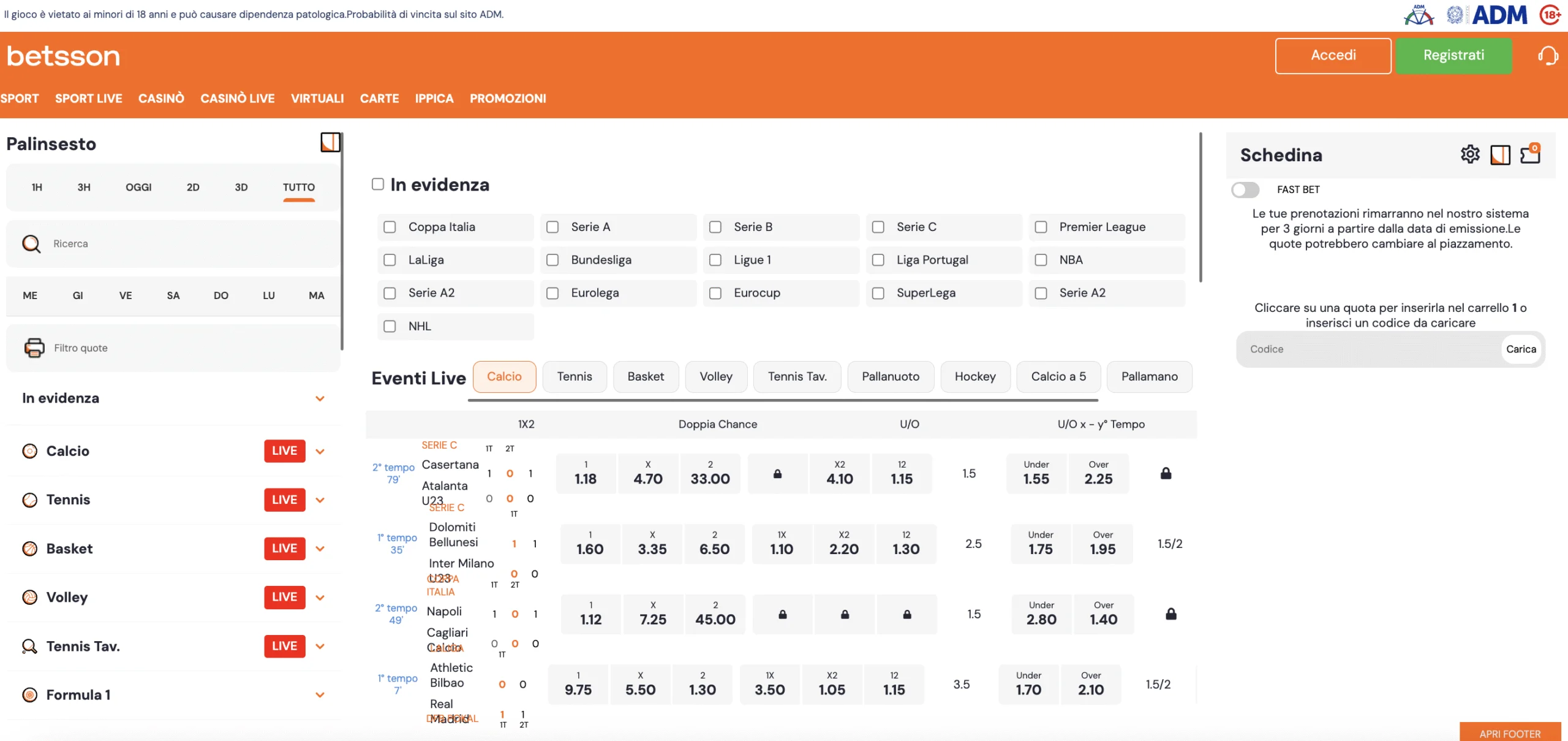 Pagina scommesse live Betsson