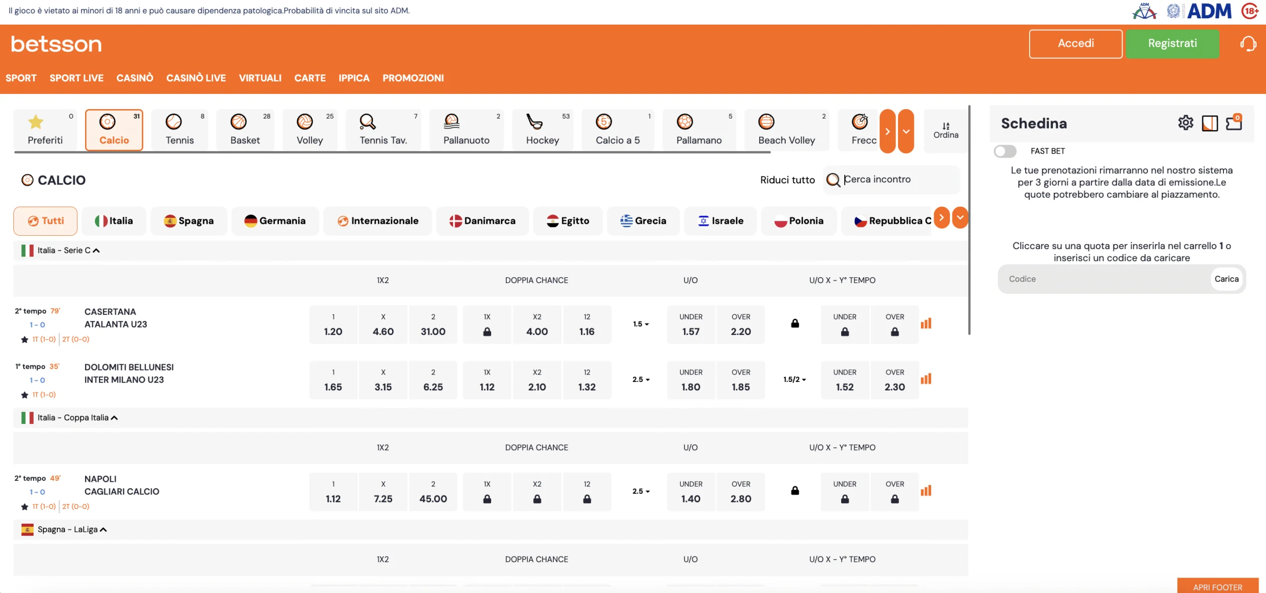 Pagina delle scommesse sportive di Betsson