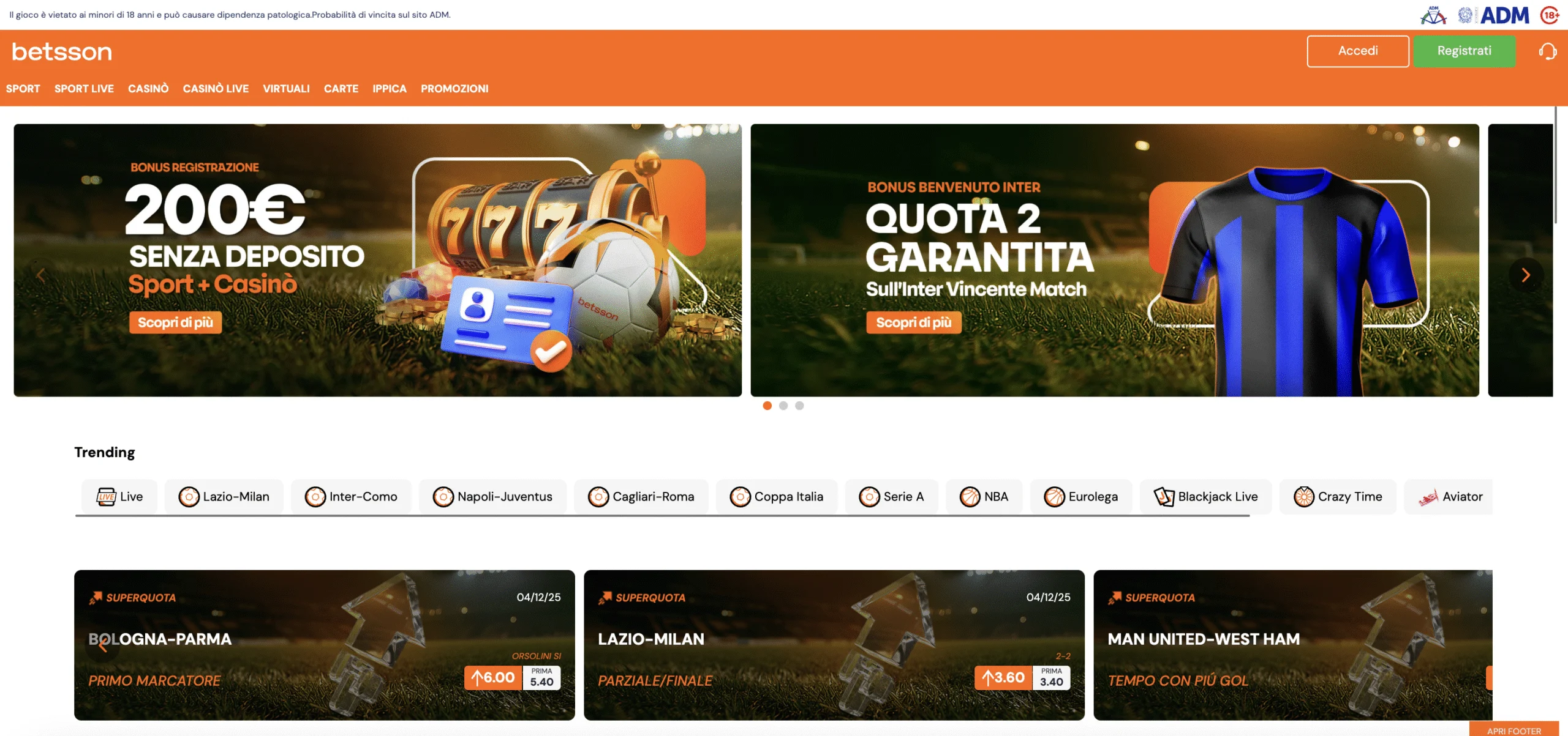 La homepage desktop di Betsson