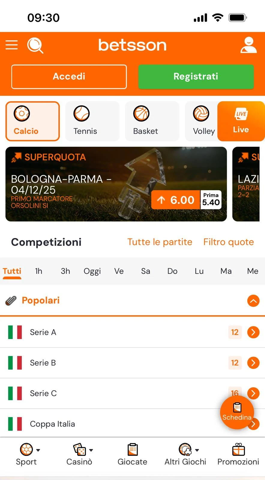La homepage delle scomemsse sportive nell'app di Betsson