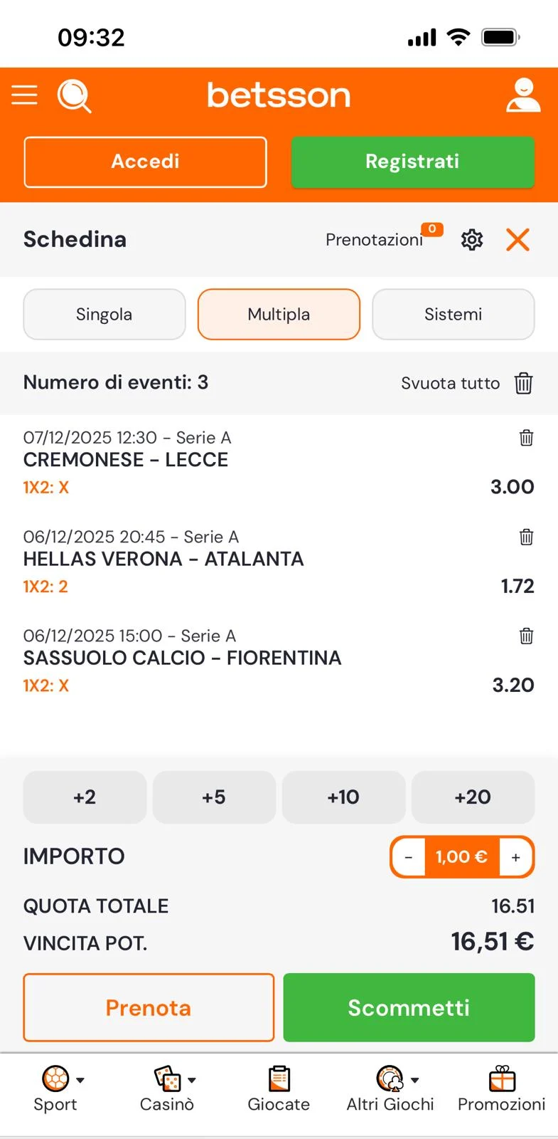 La schedina nell'app di Betsson