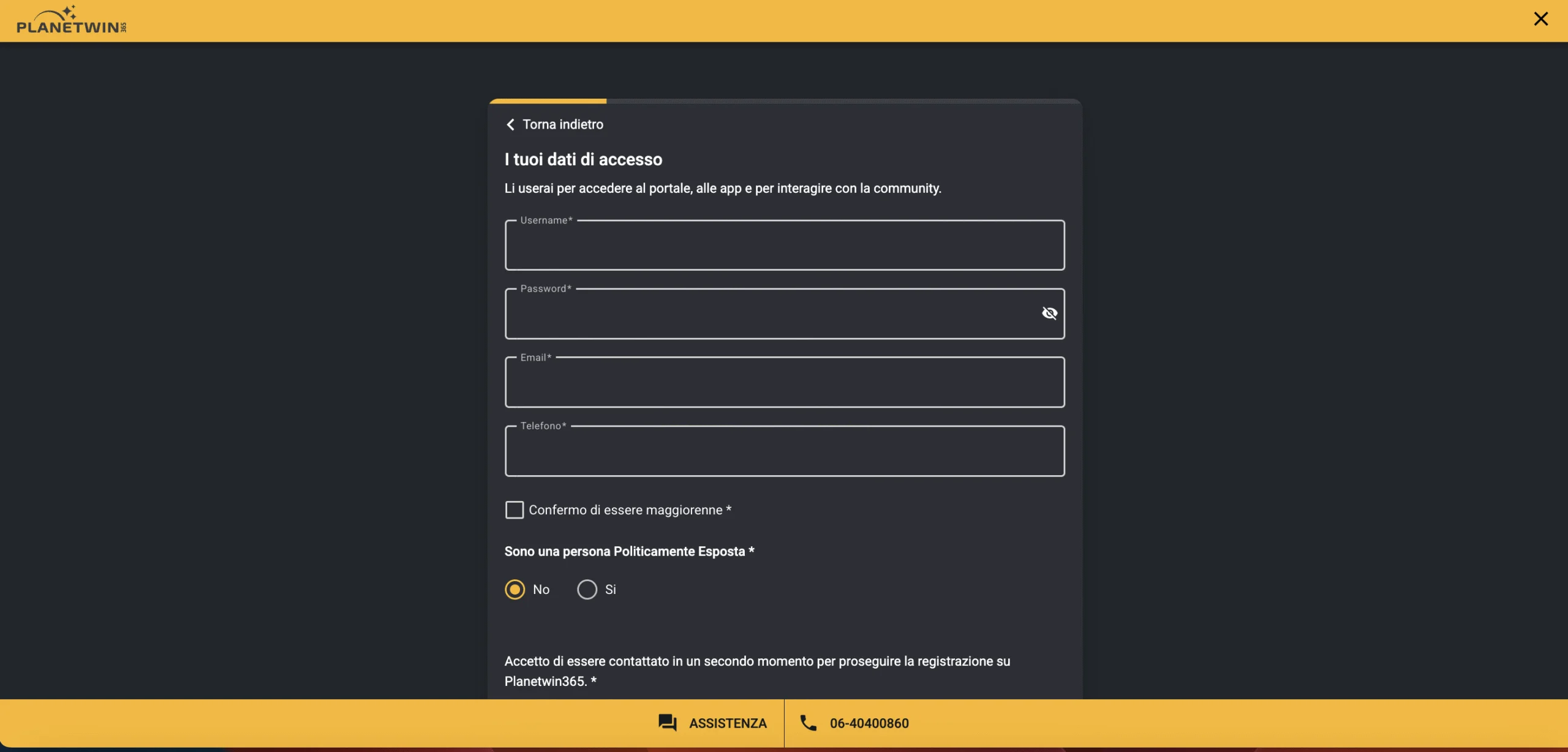 Modulo di registrazione di Planetwin365