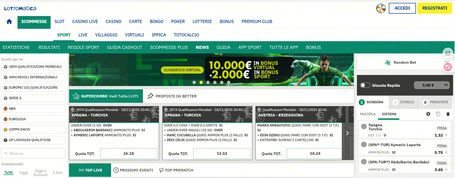 Interfaccia della piattaforma Lottomatica scommesse che mostra le quote live per una partita di calcio