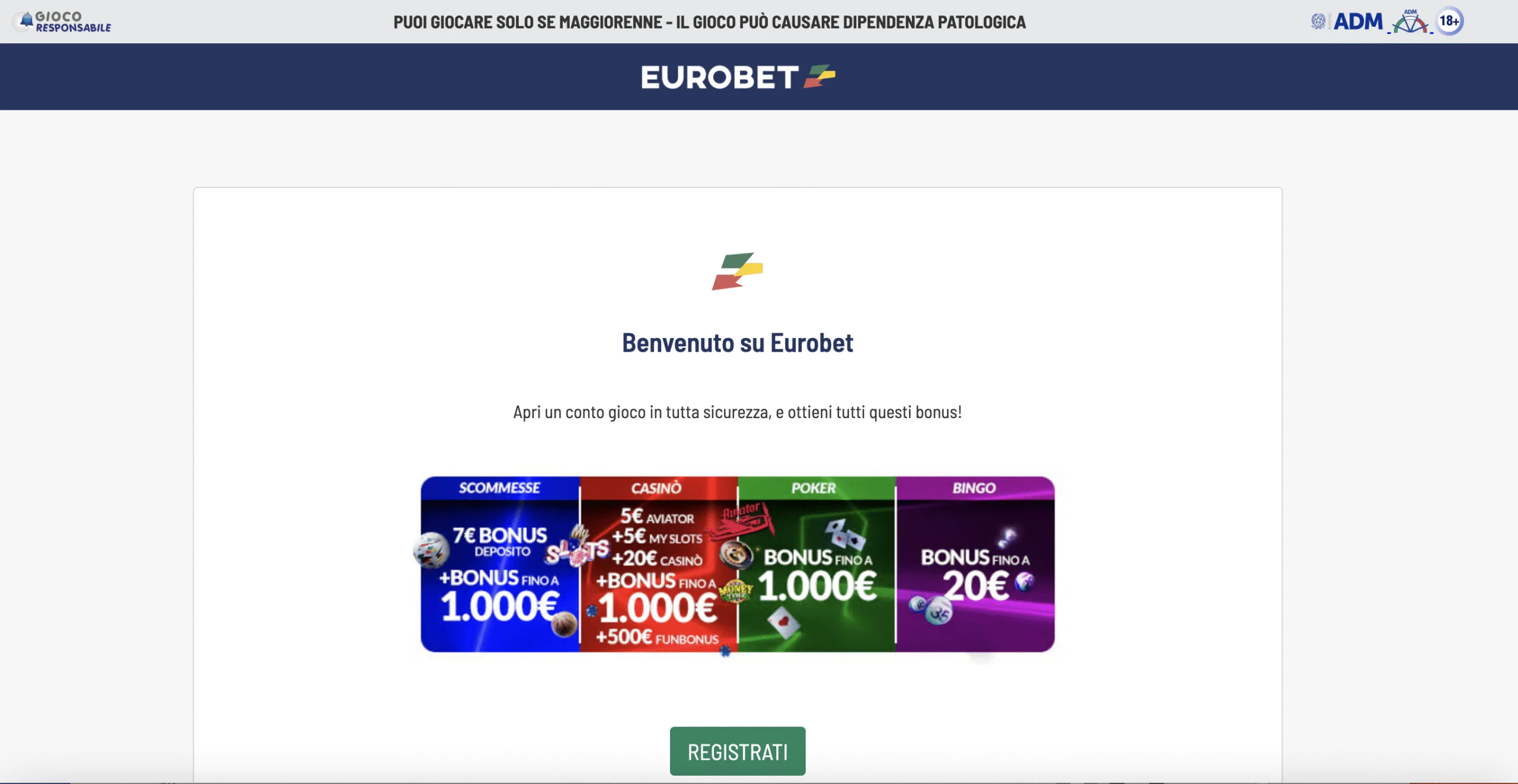 Registrazione Eurobet: la pagina di apertura