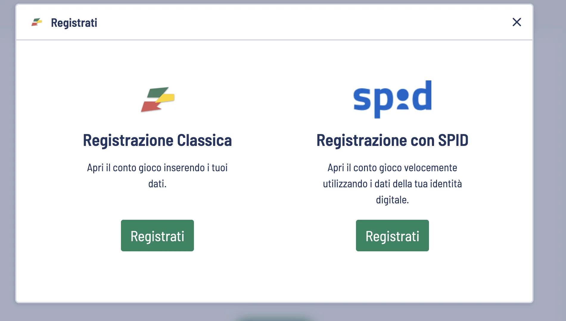 Registrazione Eurobet: selezione registrazione classica o SPID