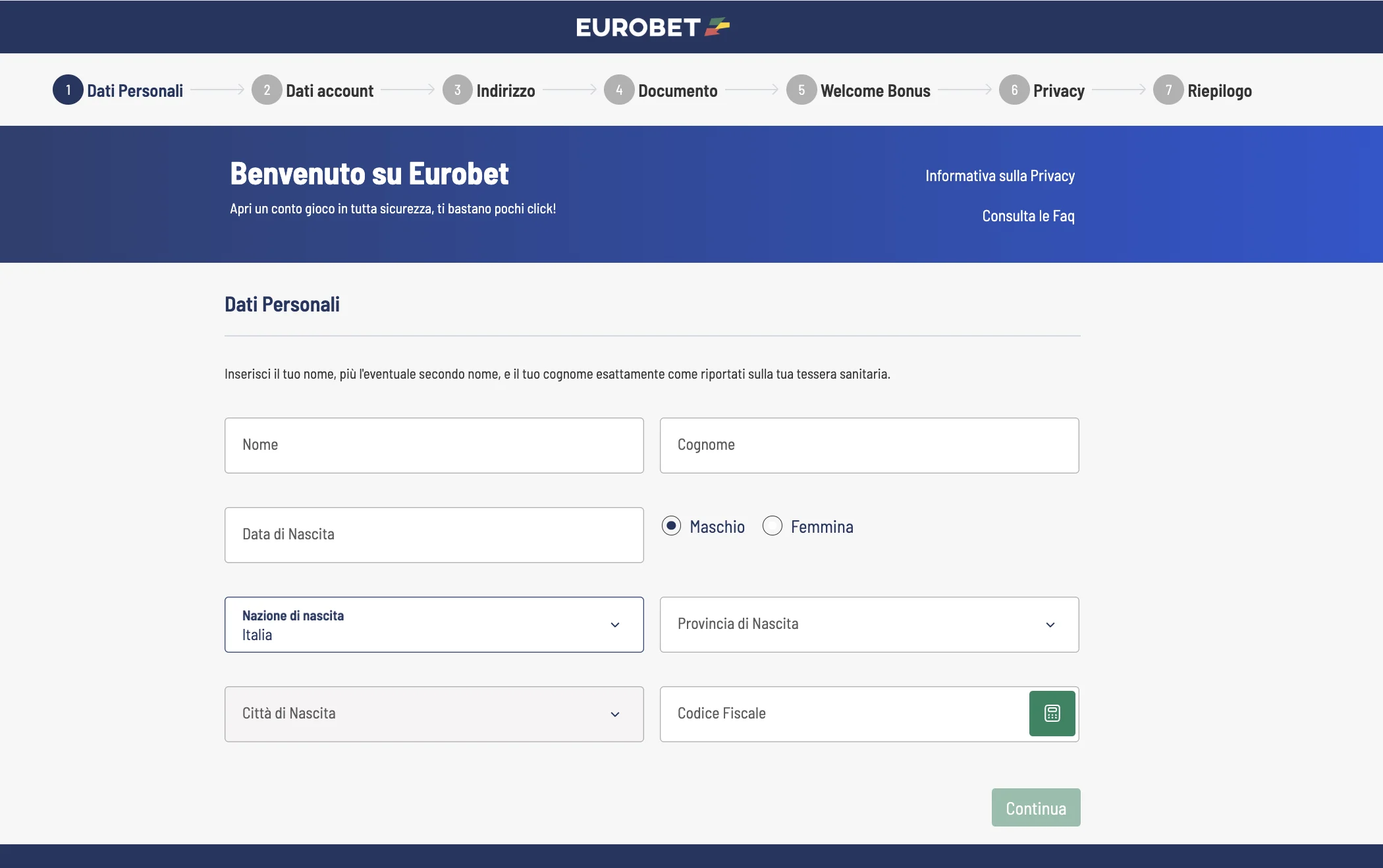 Registrazione Eurobet: registrazione classica