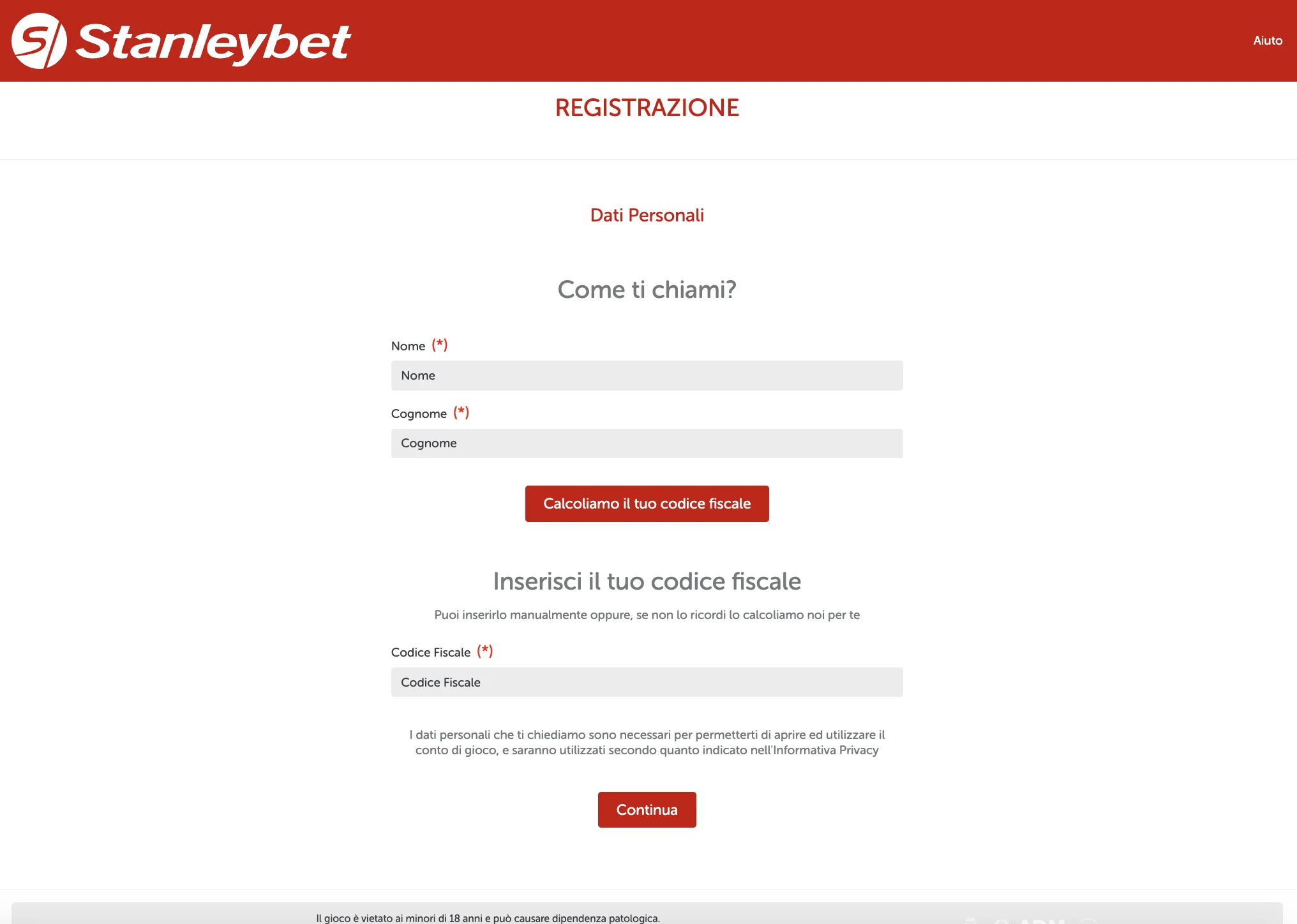 Modulo di registrazione su Stanleybet