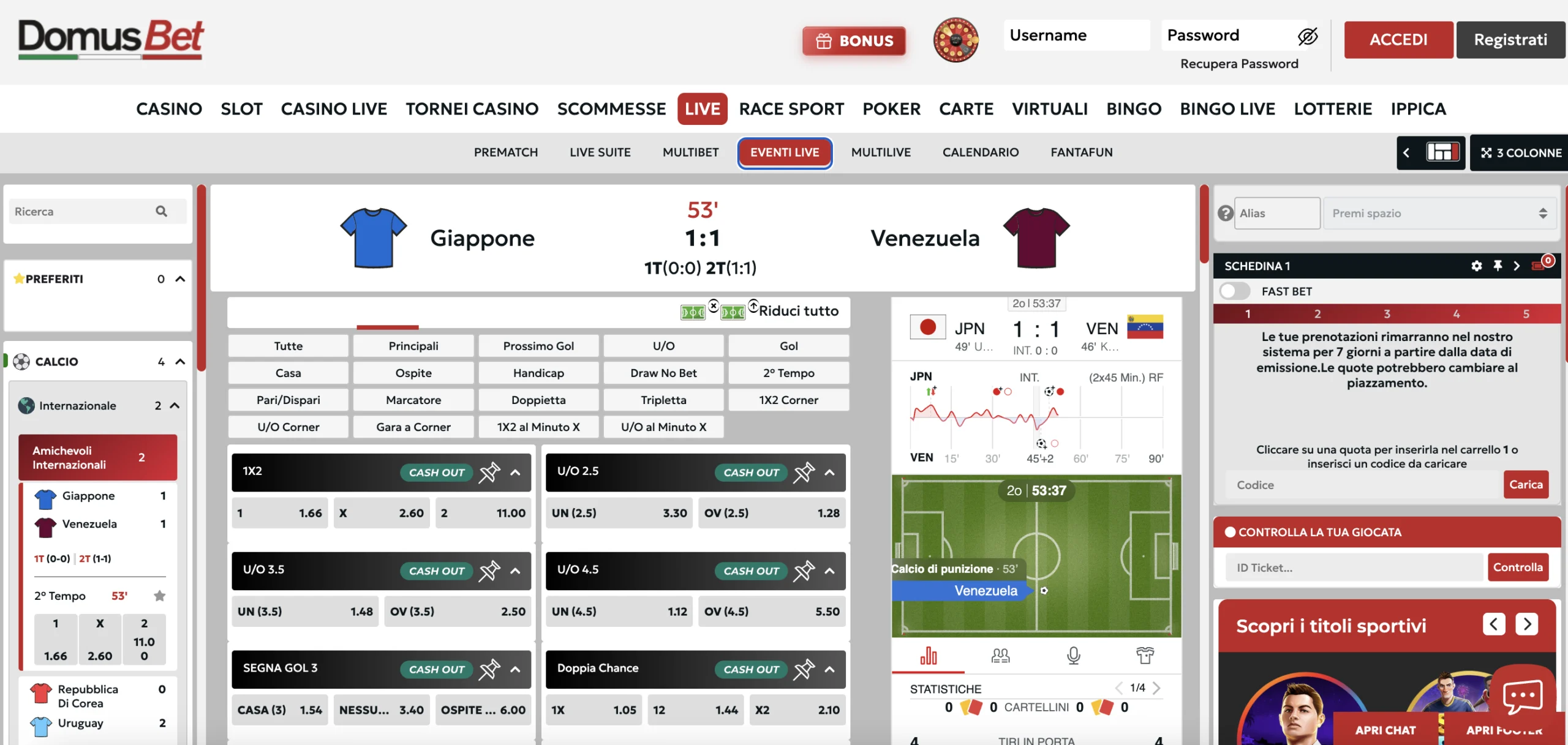 DomusBet, sezione eventi live