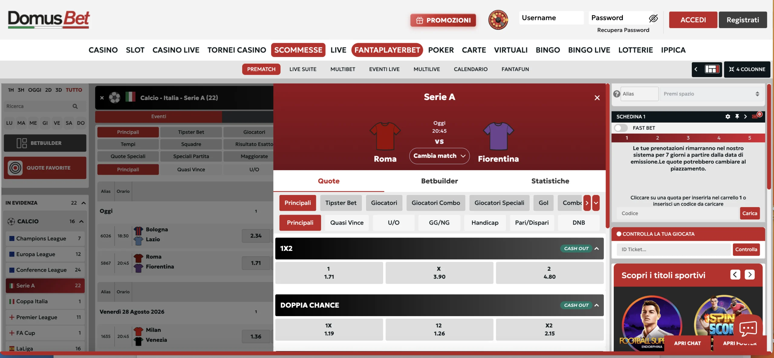 Homepage DomusBet scommesse, dettaglio sul campionato