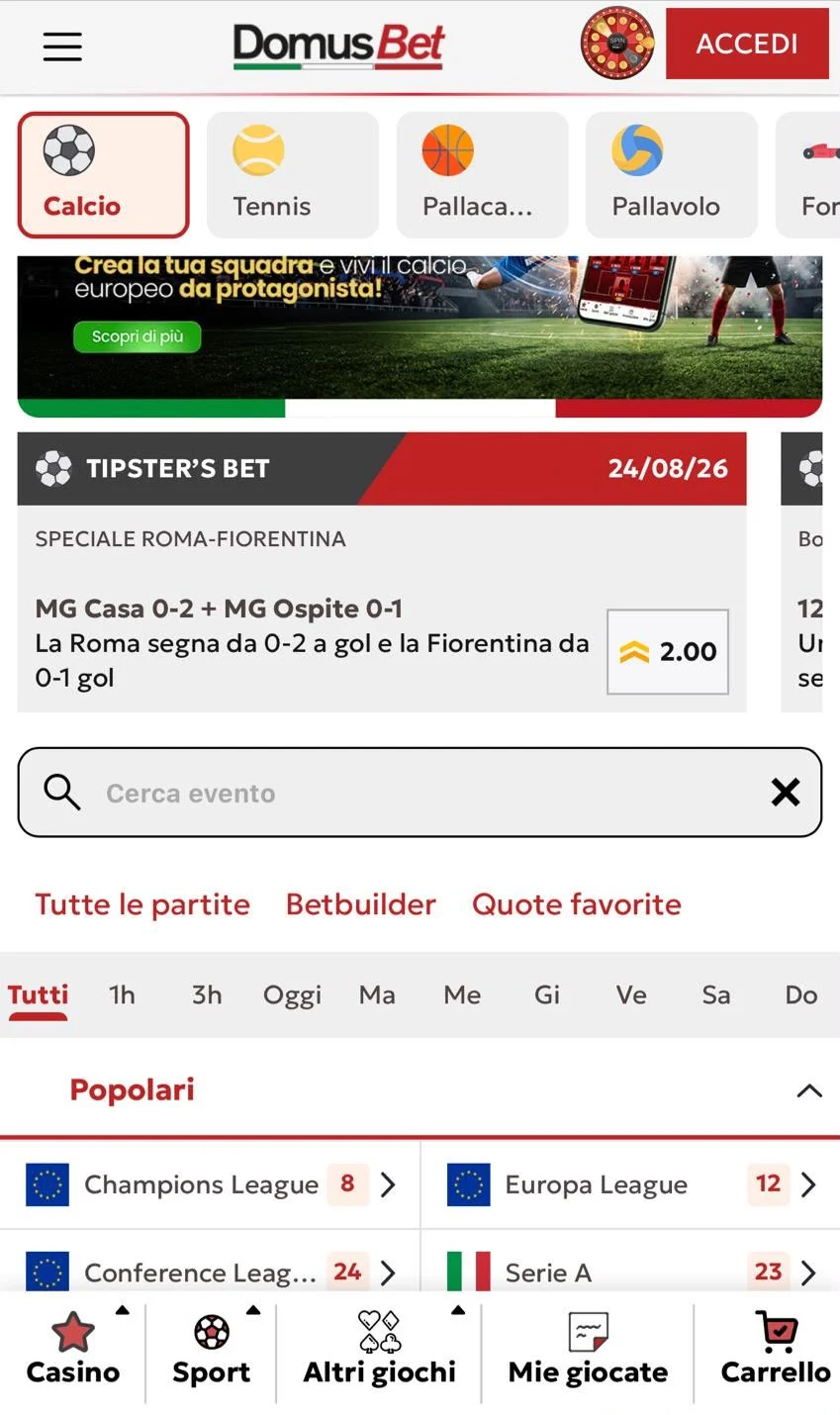 App DomusBet, la homepage per lo sport