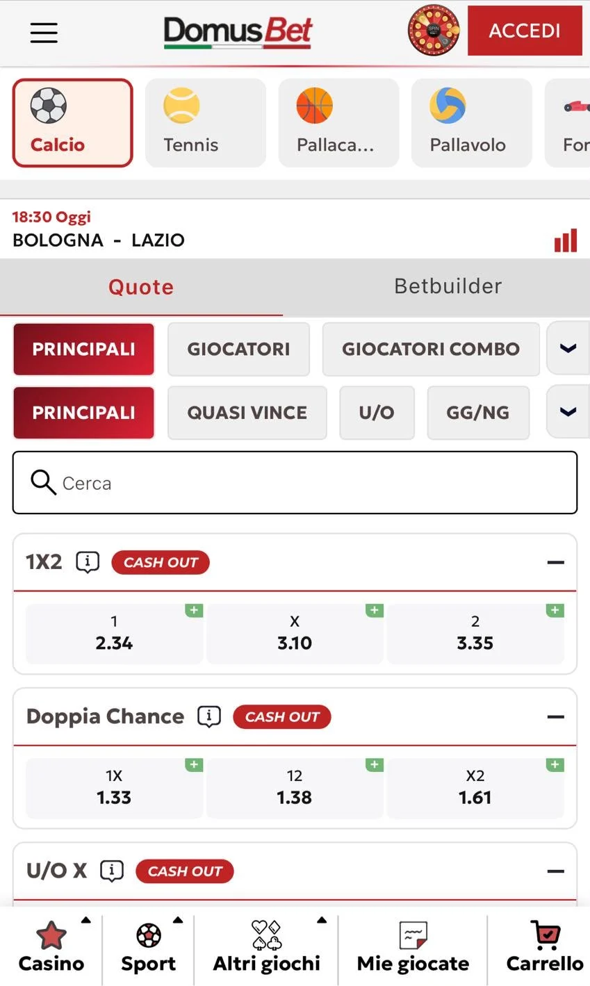 App di DomusBet, i mercati dell'evento sportivo