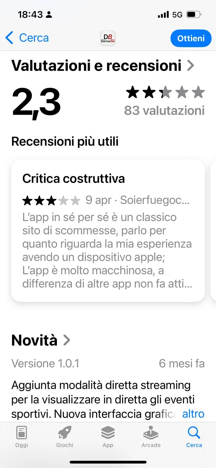 Le recensioni degli utenti di DomusBet su App Store, dettaglio