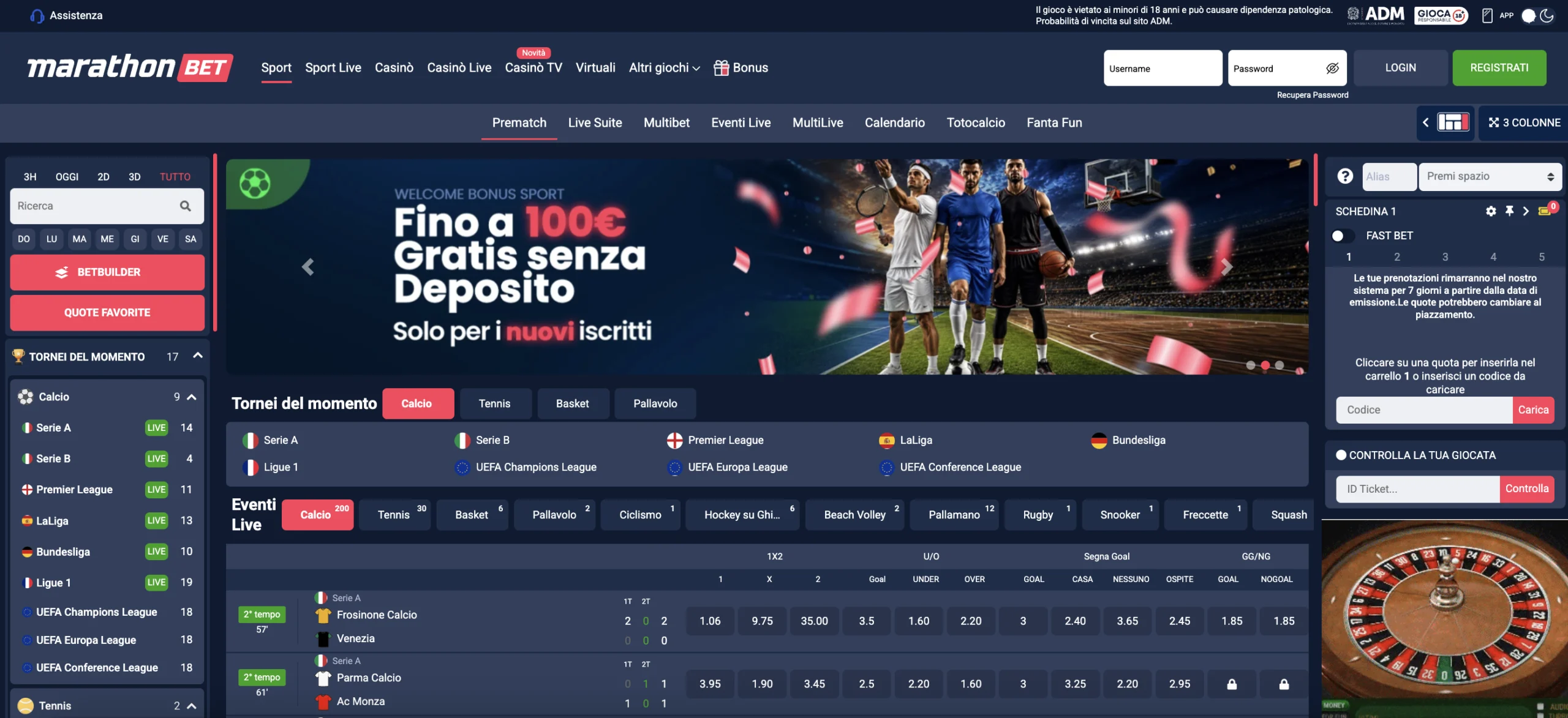 Homepage sport desktop di Marathonbet