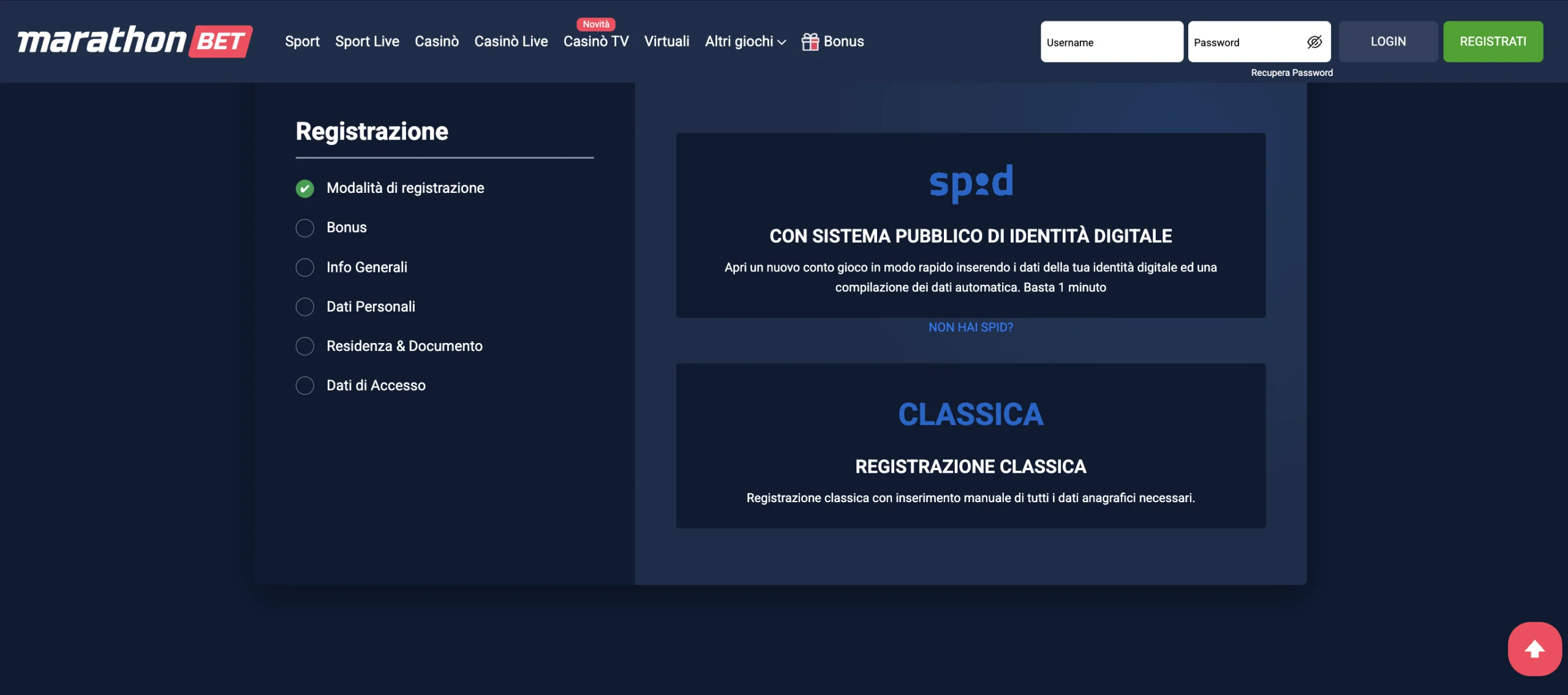 Modulo registrazione Marathonbet: SPID o registrazione classica