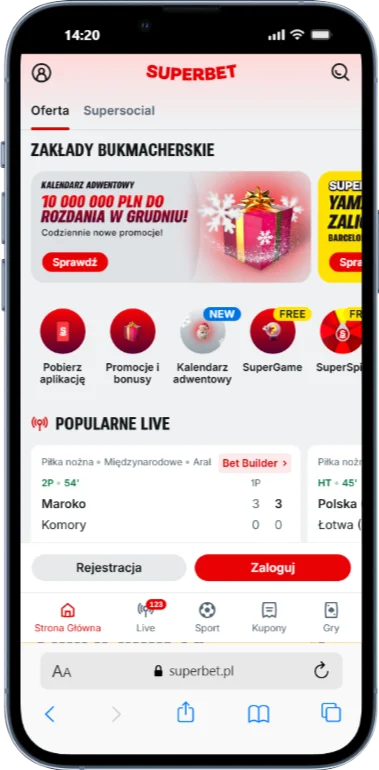 Interfejs aplikacji SuperBet na iPhone