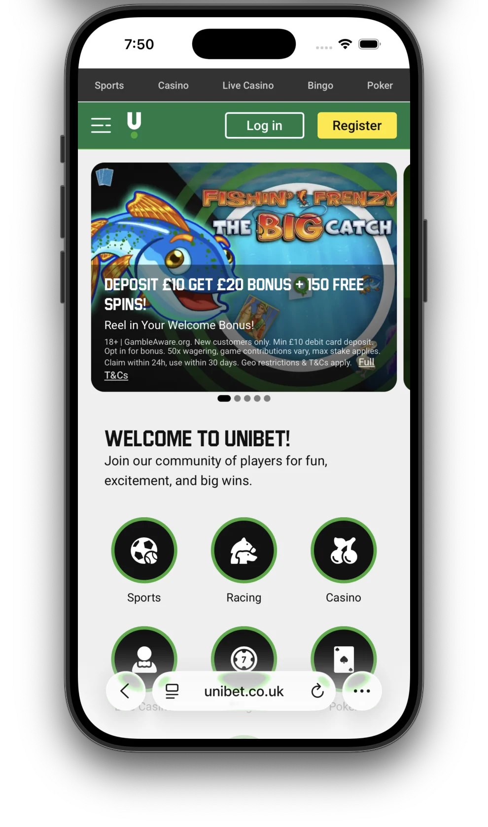 Screenshot showing Unibet mobile app login screen with username and password fields
