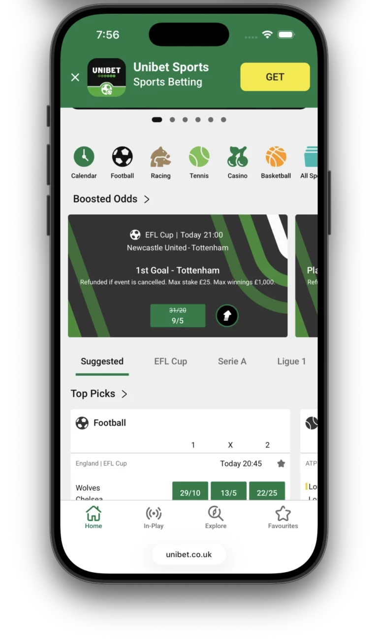 Screenshot van de UniBet app-interface op mobiel